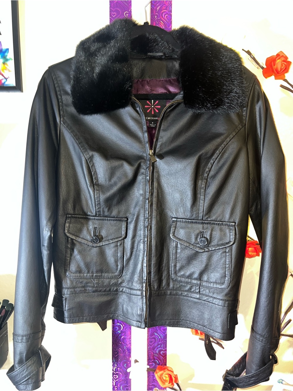 Women’s Isaac Mizrahi Black GenuineLeather Jacket with Faux Fur Collar